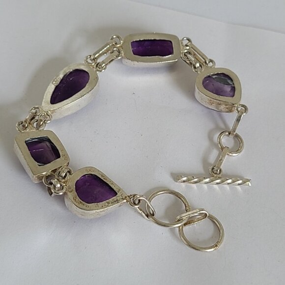 Vintage Boho Purple Amethyst Gemstone Chunky Sterling Silver Chain Bracelet - Picture 4 of 9